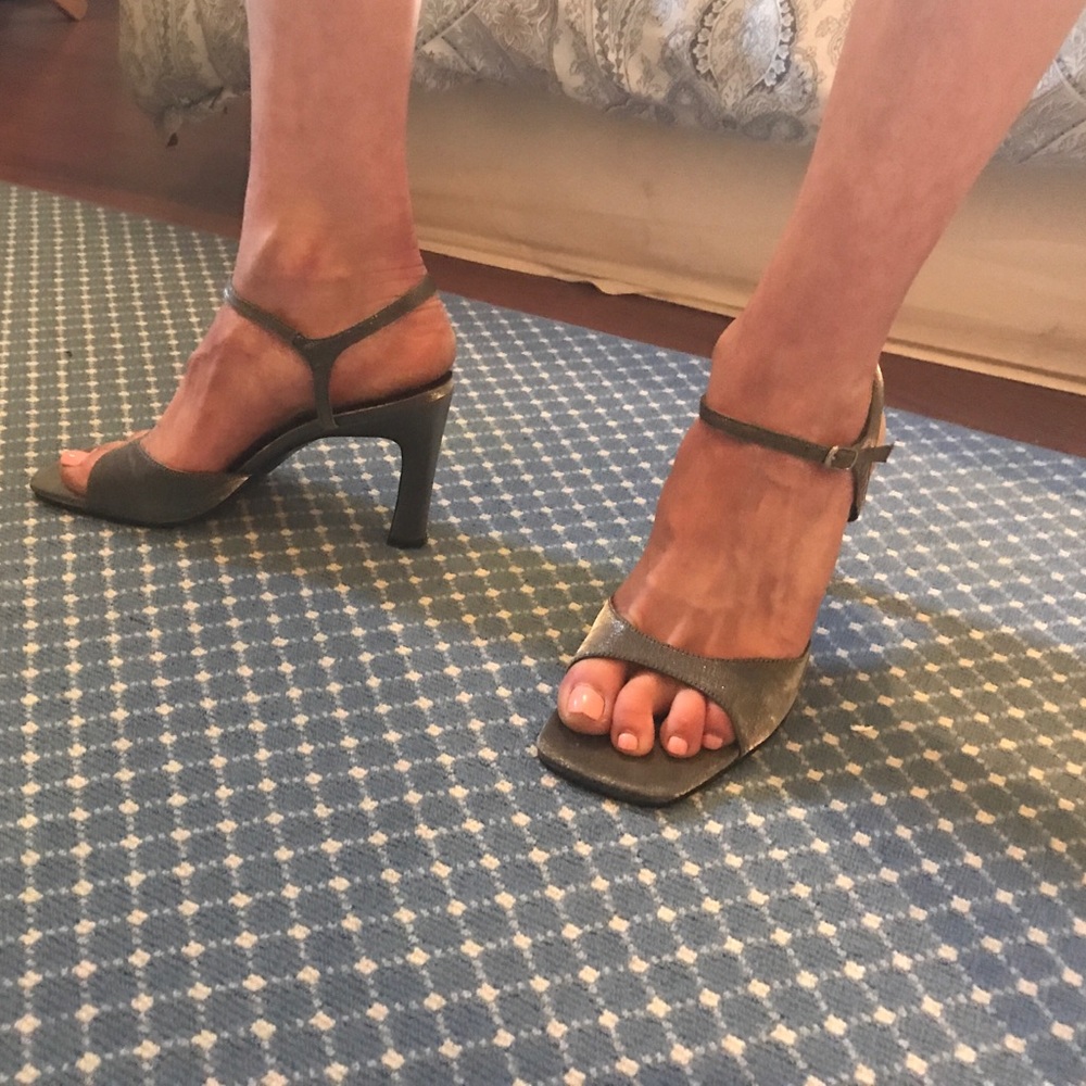 Pewter high heel ankle strap dress shoe